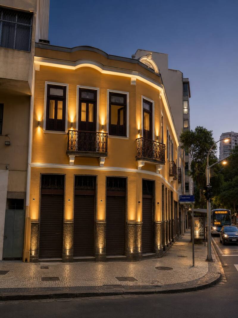 Esquina restaurada da Parrilla do Lira, na Lapa, ao entardecer